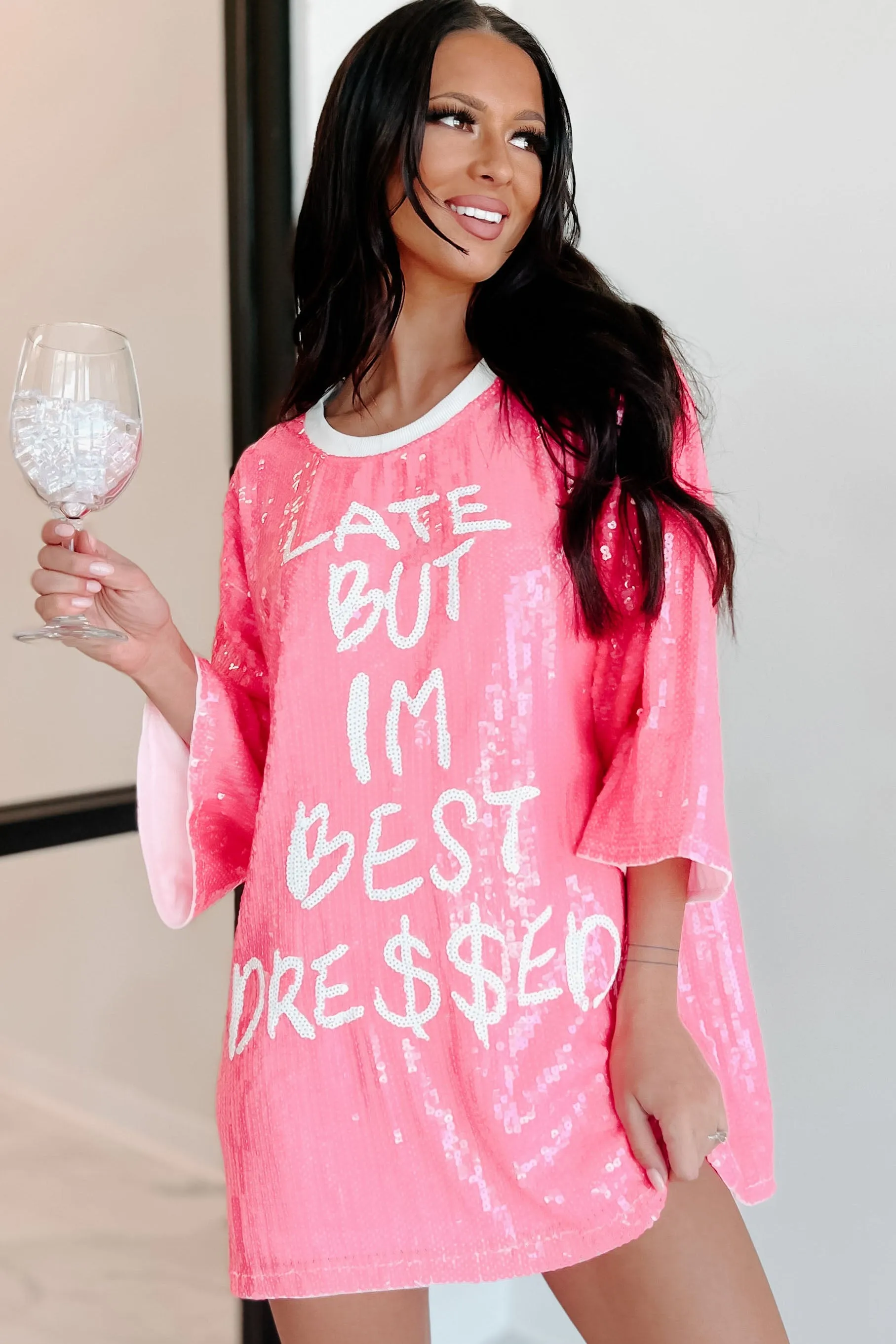 "Late But I'm Best Dressed" Sequin T-Shirt Dress (Pink)