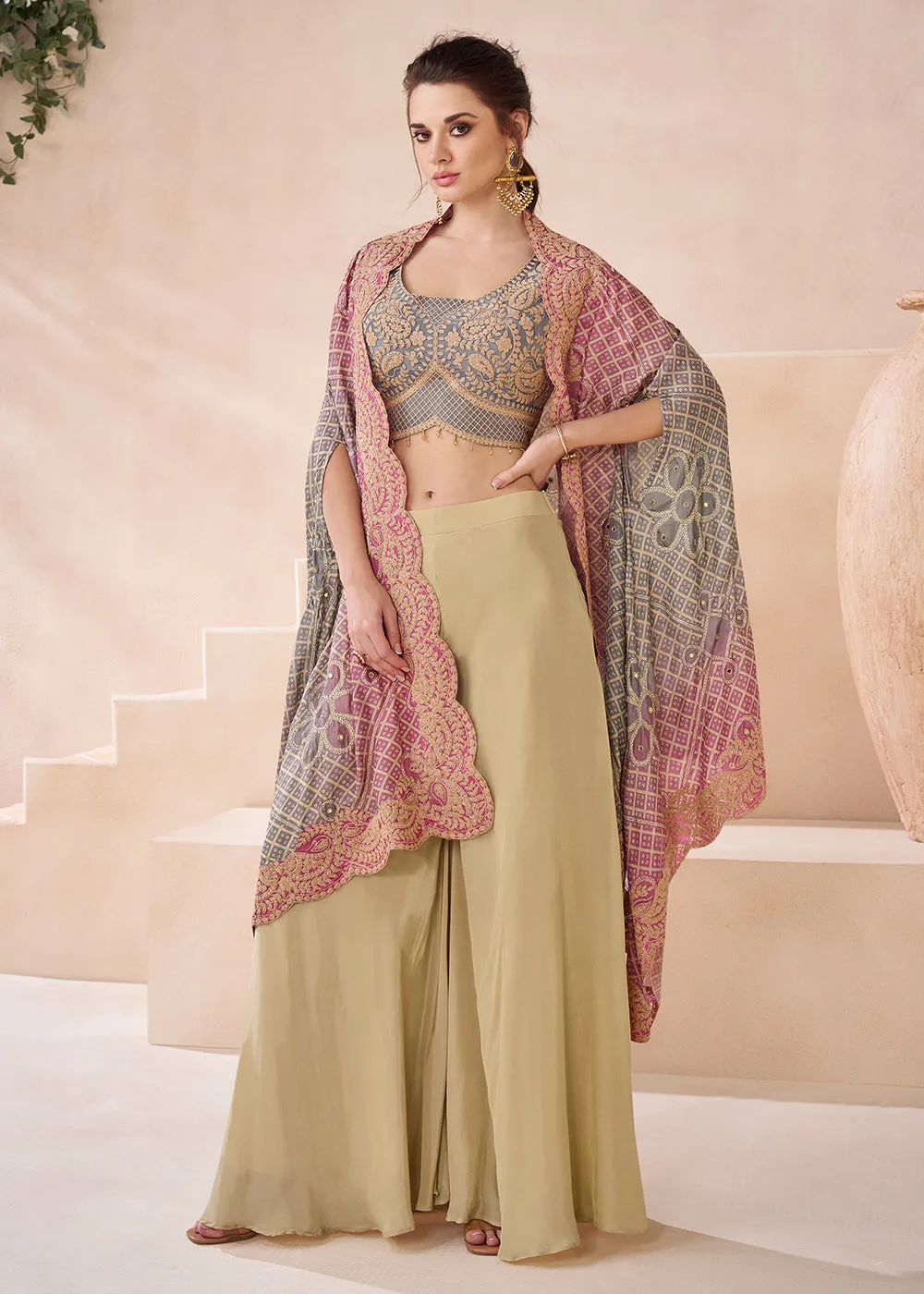 Real Georgette Beige & Grey Indo Western Palazzo Suit