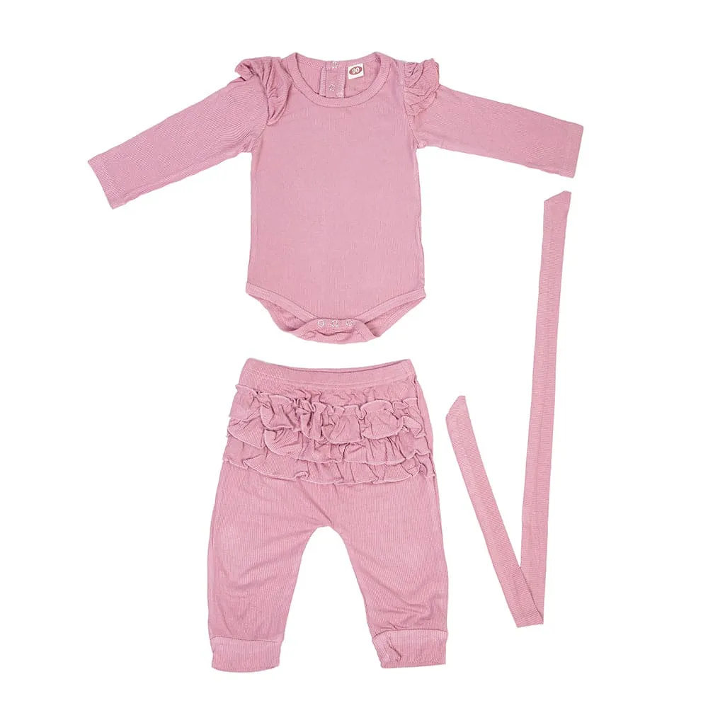 Ruffle Full Sleeve Pink 2 Piece Romper Set