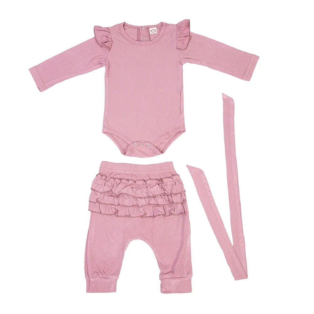 Ruffle Full Sleeve Pink 2 Piece Romper Set