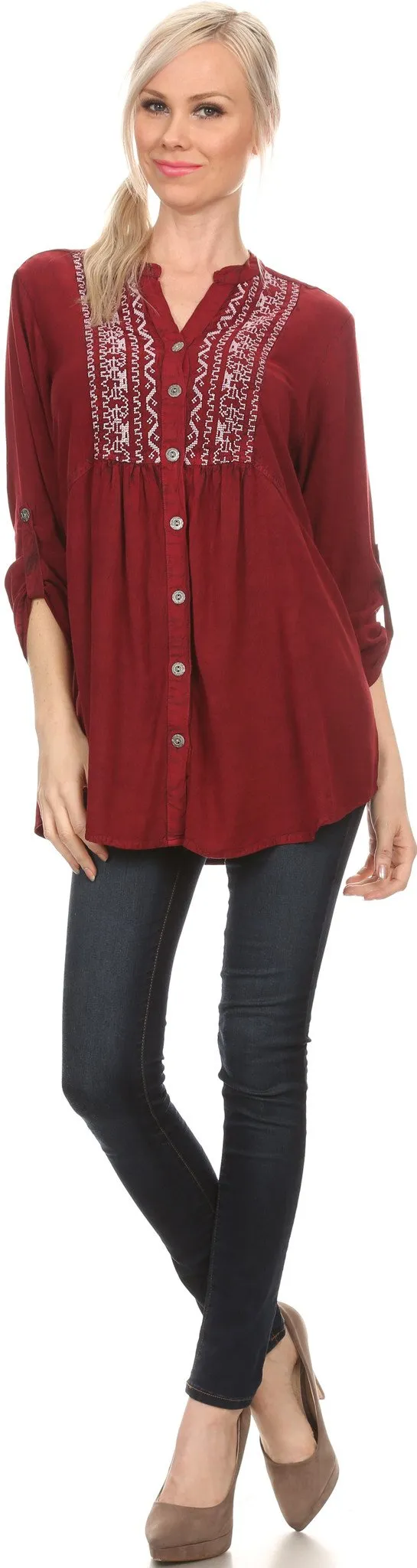 Sakkas Lizbeth V-neck Button Front Adjustable Long Sleeve Embroidered Blouse Top