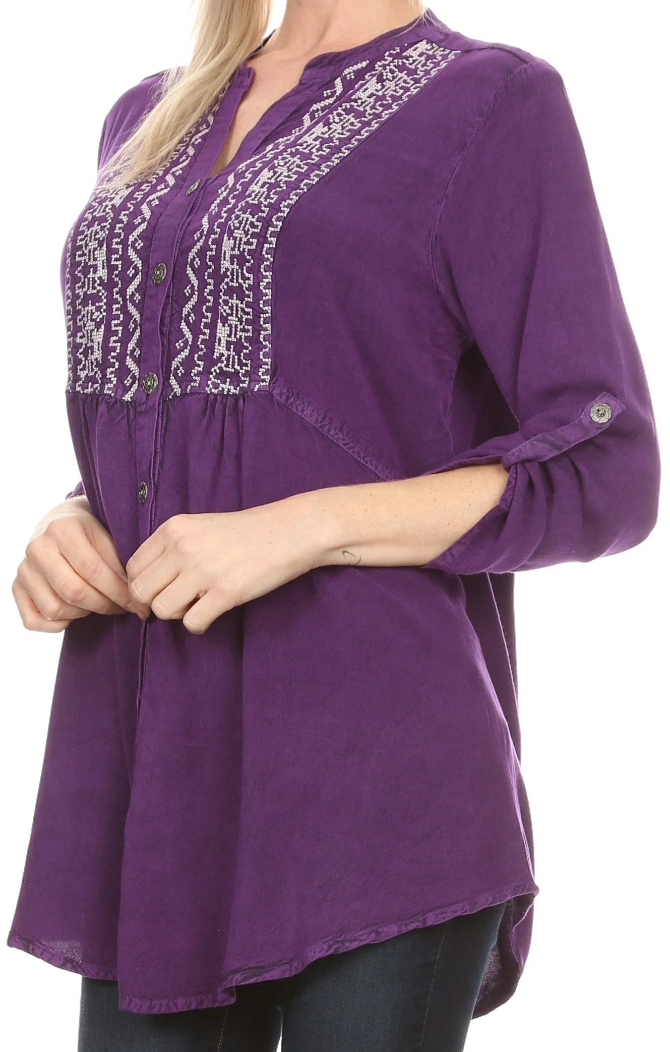 Sakkas Lizbeth V-neck Button Front Adjustable Long Sleeve Embroidered Blouse Top