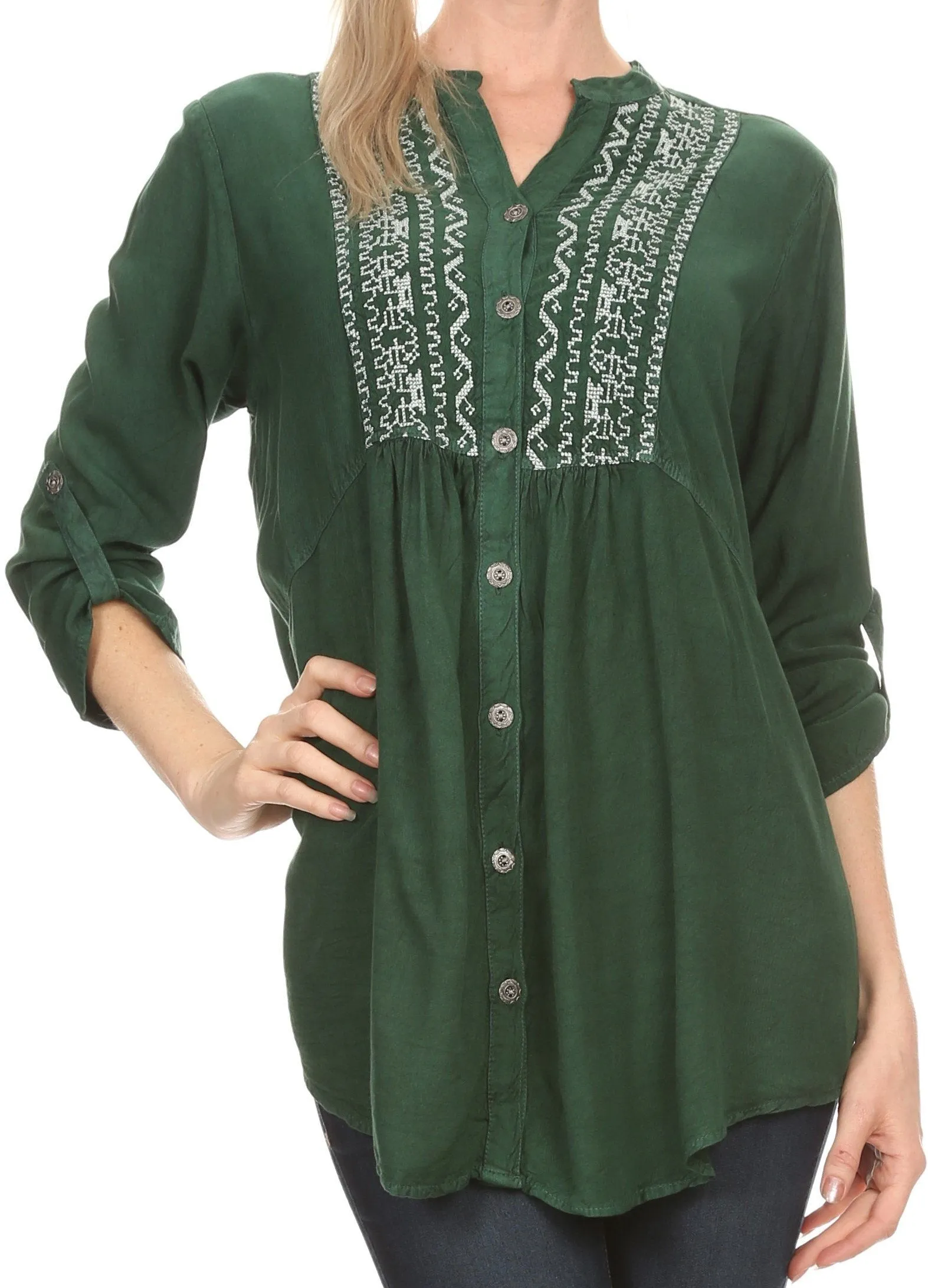 Sakkas Lizbeth V-neck Button Front Adjustable Long Sleeve Embroidered Blouse Top