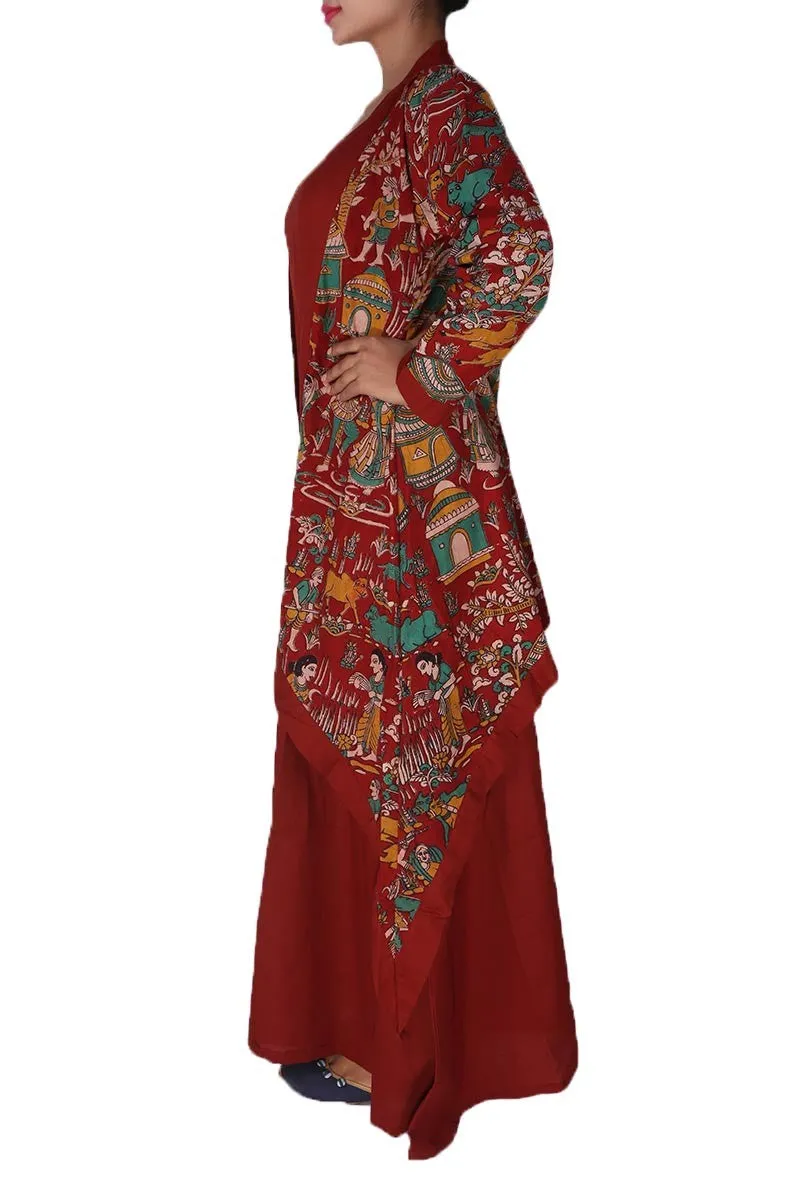 Set of 2: Maroon Asymmetric Kalamkari Cape with Maxi