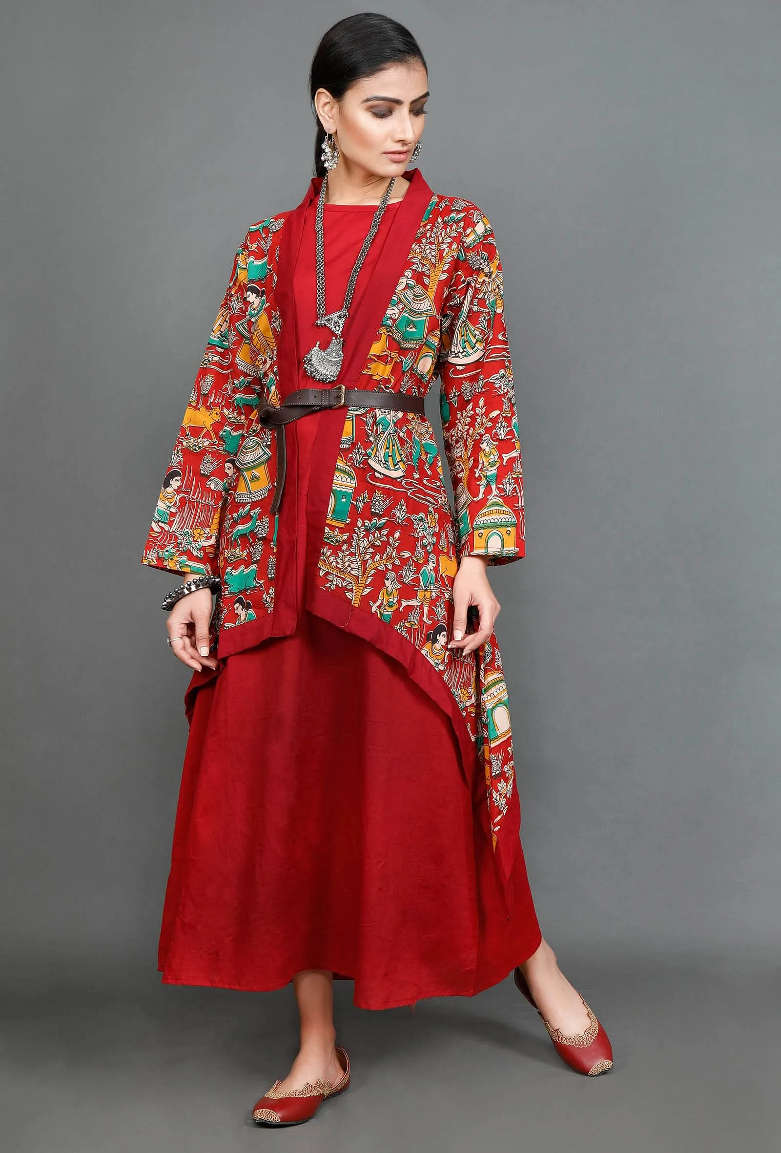 Set of 2: Maroon Asymmetric Kalamkari Cape with Maxi