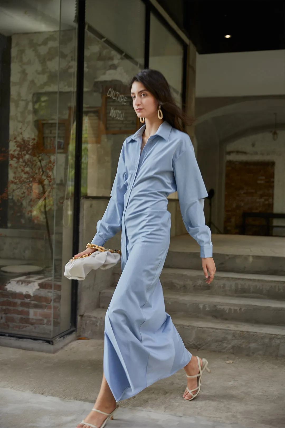 Single-breasted shirt dress | Gray blue shirt dress | Street style shirt dress