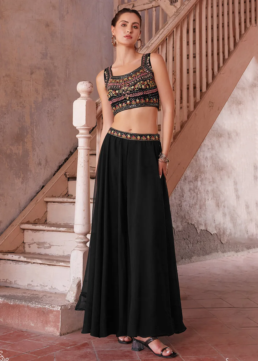 Stunning Black Designer Crop Top Style Sharara Suit