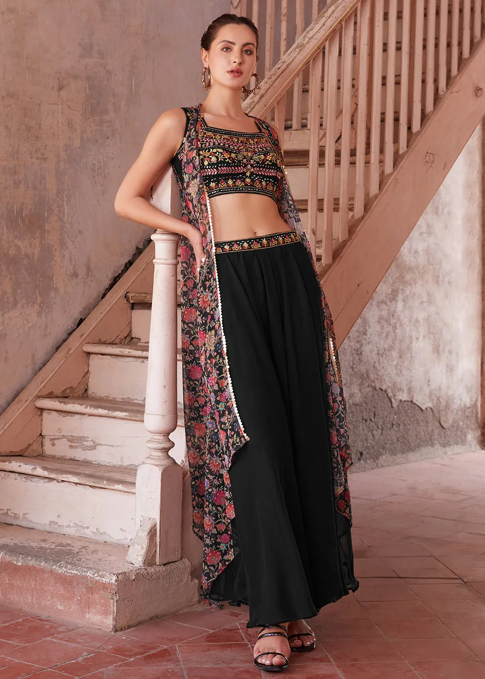 Stunning Black Designer Crop Top Style Sharara Suit