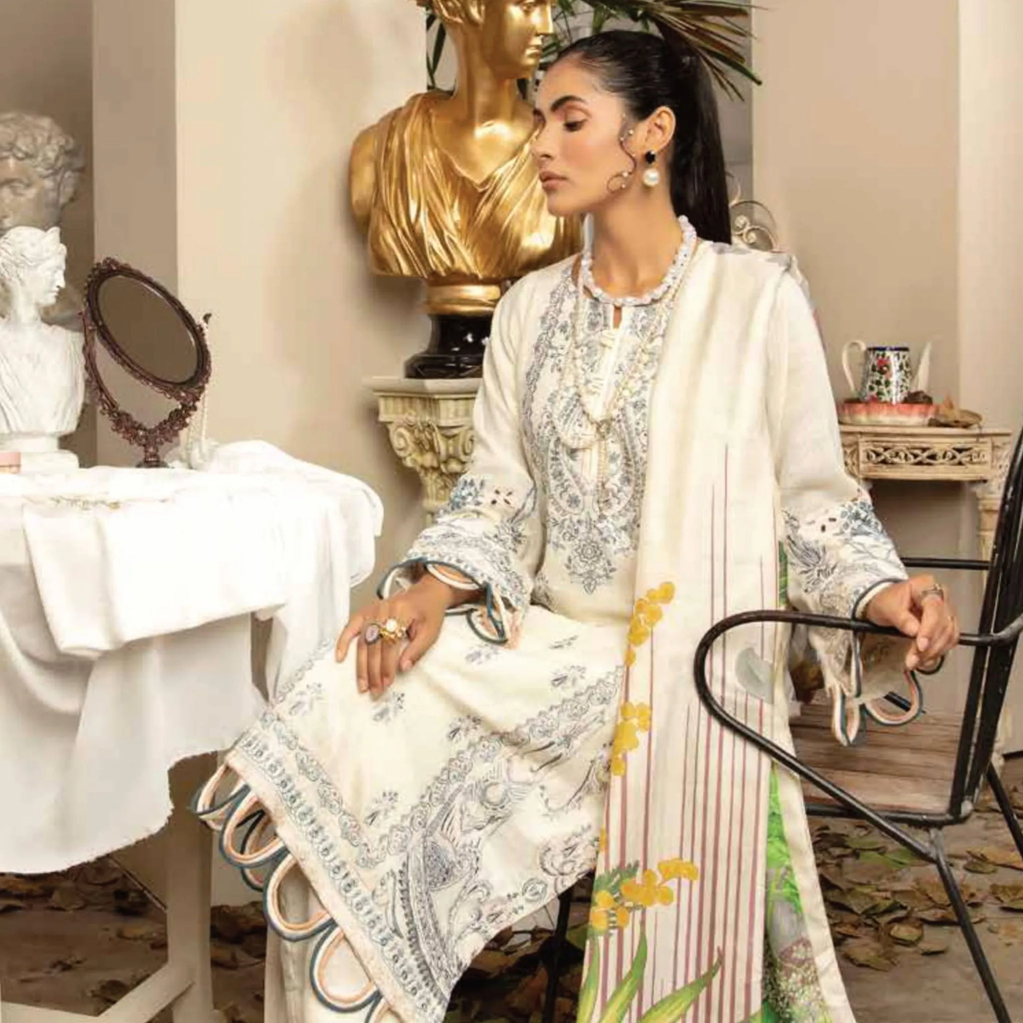 Tehzeeb by Riaz Arts · Embroidered Leather Peach Shirt with Digital Pashmina Shawl – LP-14