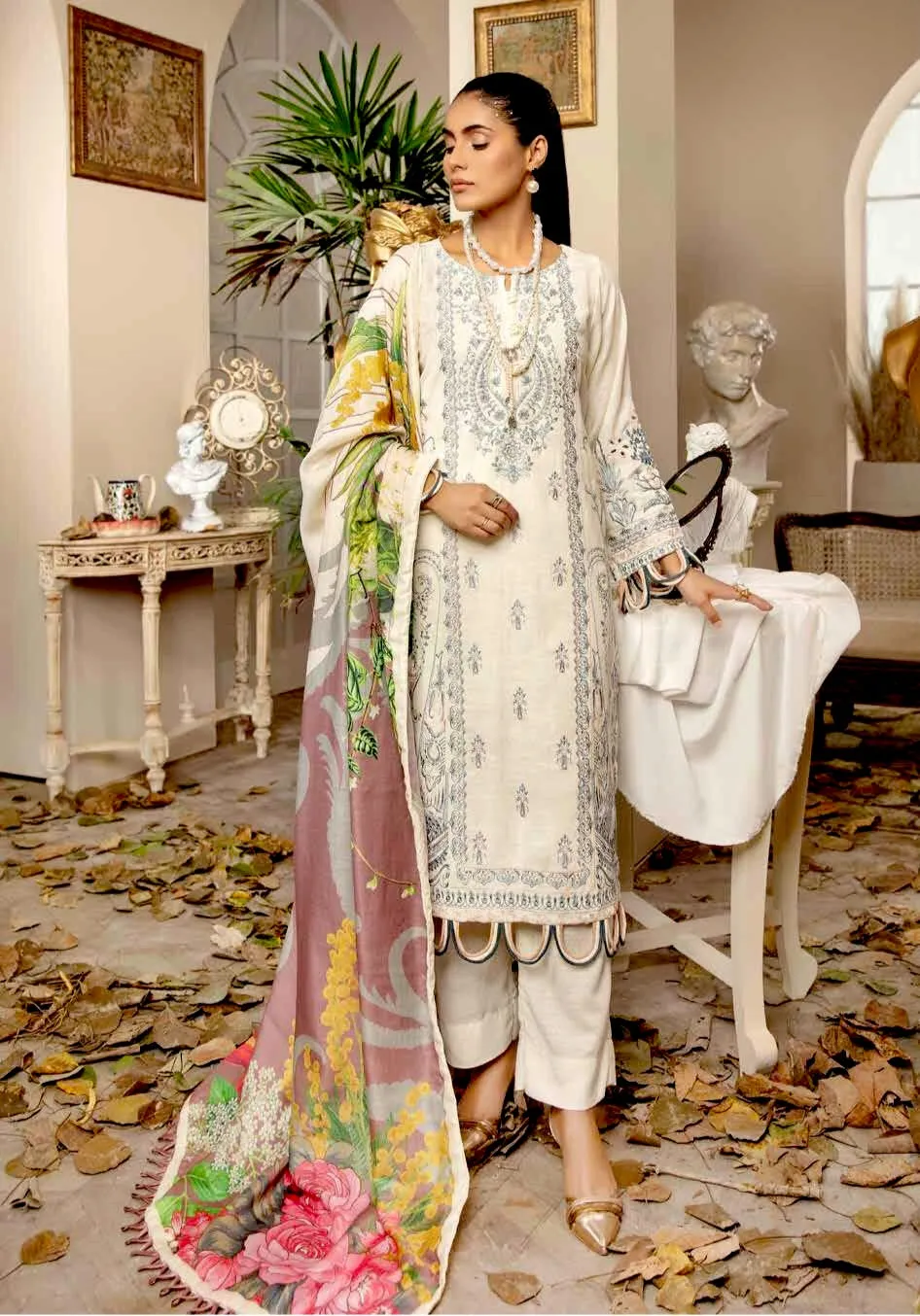 Tehzeeb by Riaz Arts · Embroidered Leather Peach Shirt with Digital Pashmina Shawl – LP-14