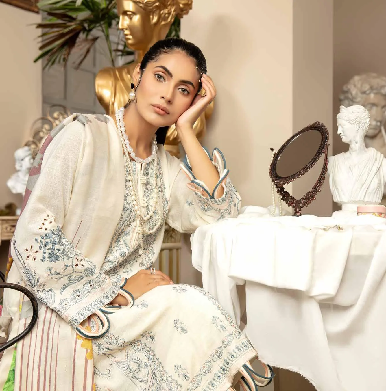 Tehzeeb by Riaz Arts · Embroidered Leather Peach Shirt with Digital Pashmina Shawl – LP-14