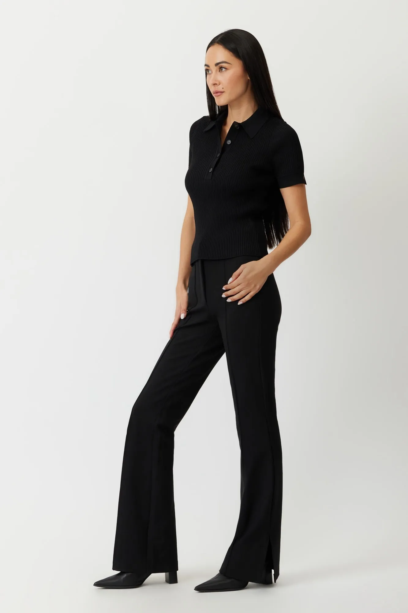 The Prato - Black High Rise Flare Ponte Trousers with Pintuck