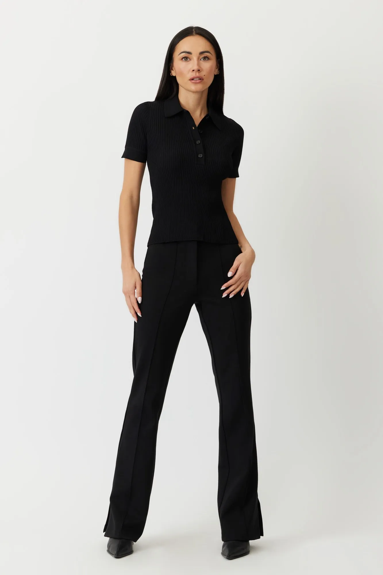 The Prato - Black High Rise Flare Ponte Trousers with Pintuck