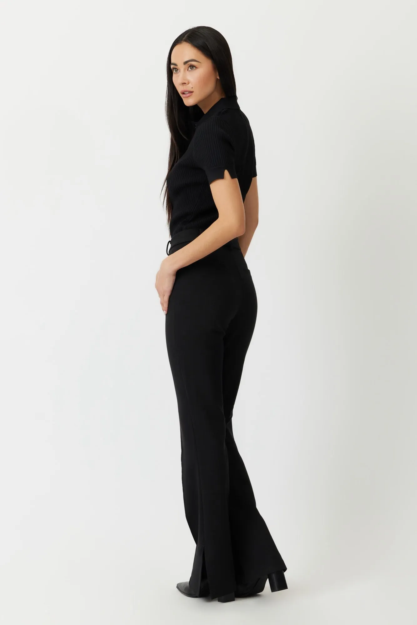 The Prato - Black High Rise Flare Ponte Trousers with Pintuck