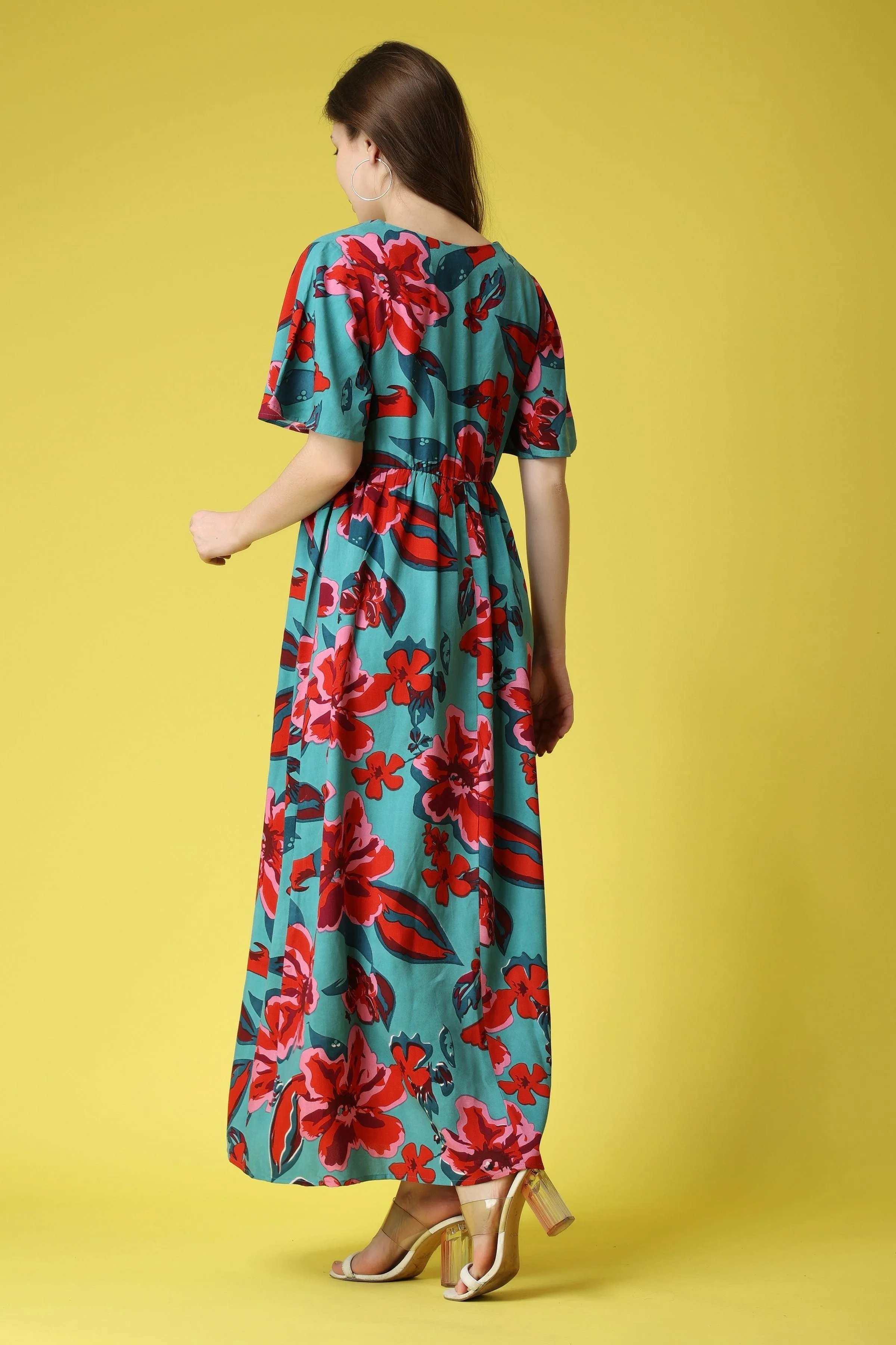 Turquoise Green Floral Printed Maxi Dress