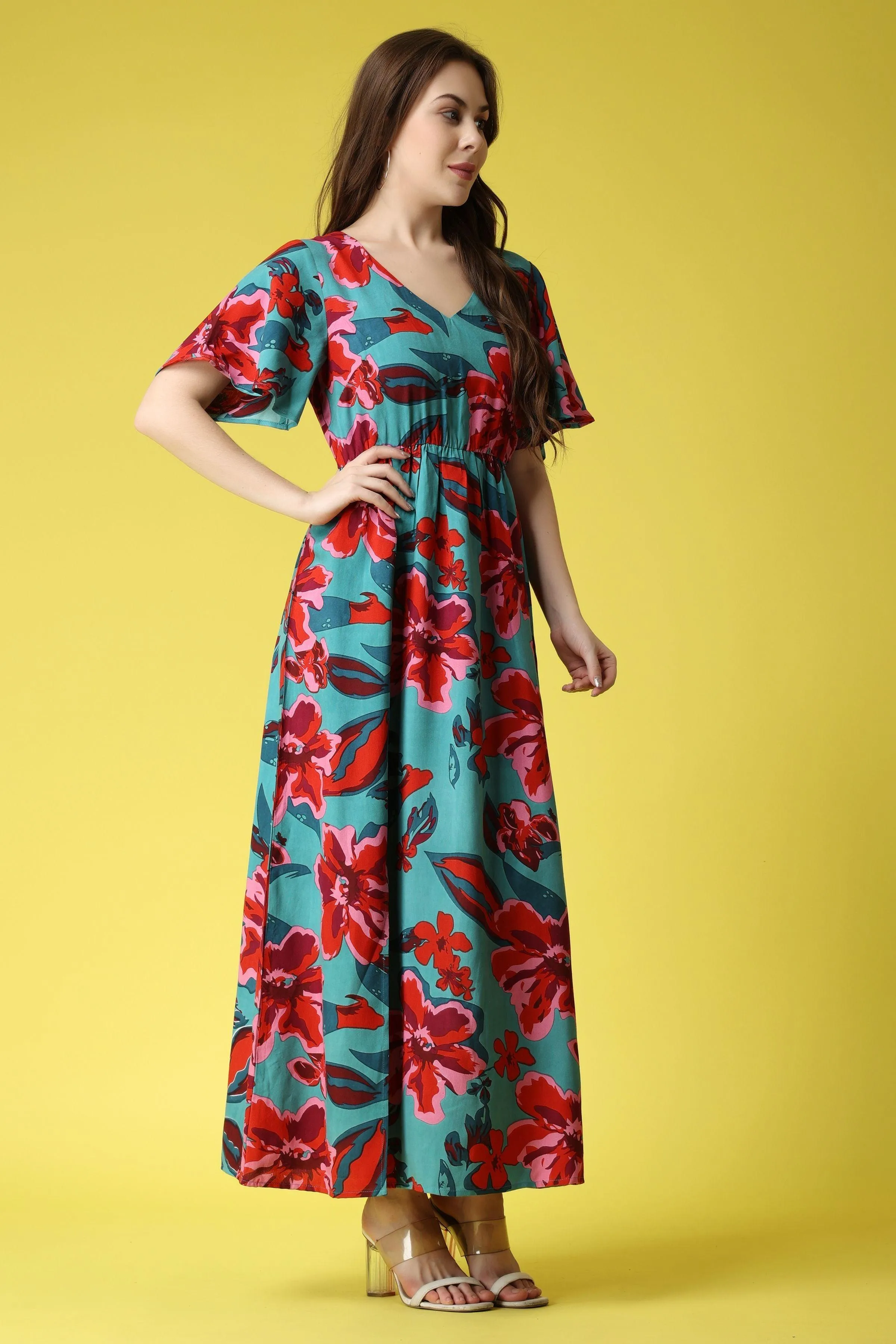 Turquoise Green Floral Printed Maxi Dress