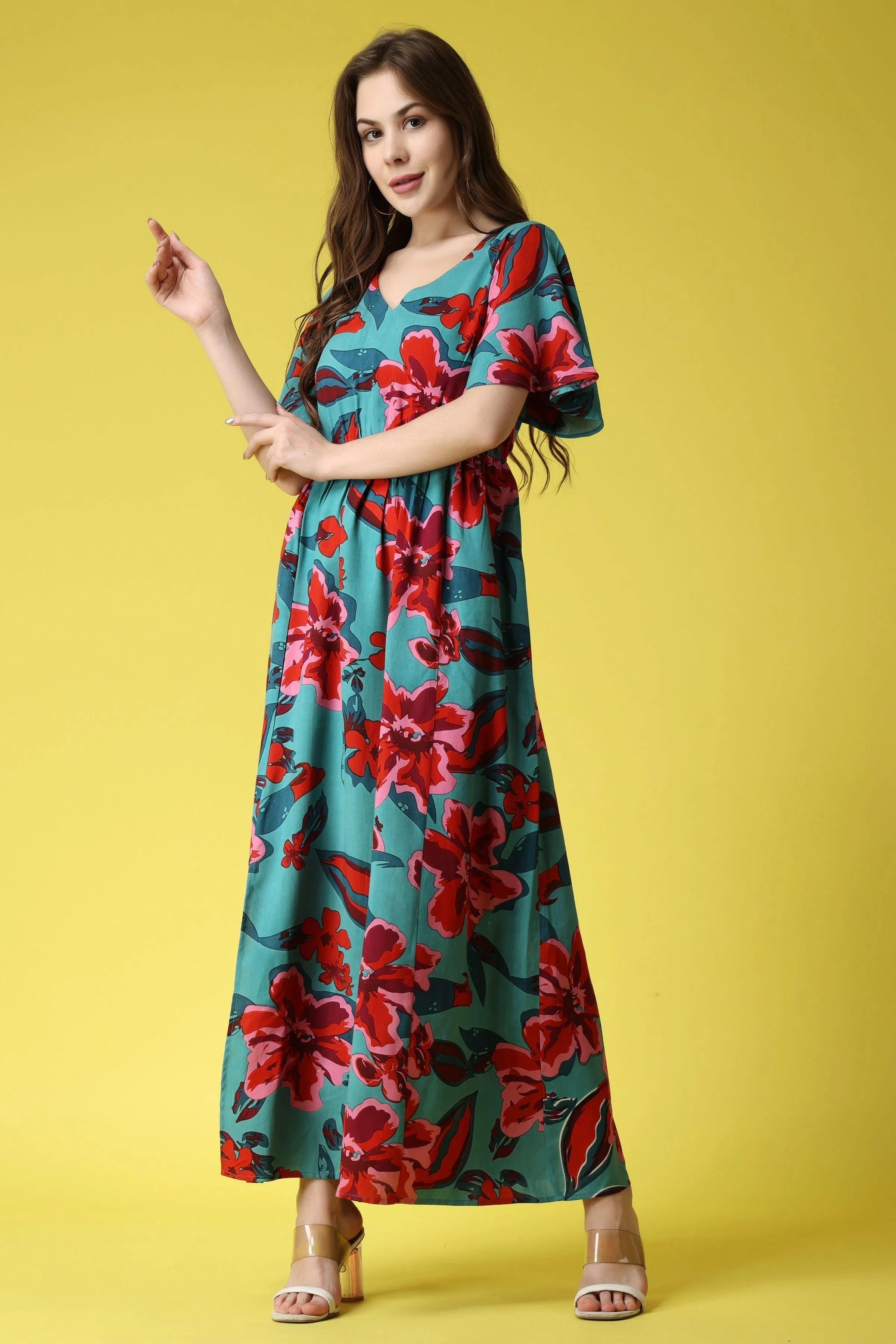 Turquoise Green Floral Printed Maxi Dress