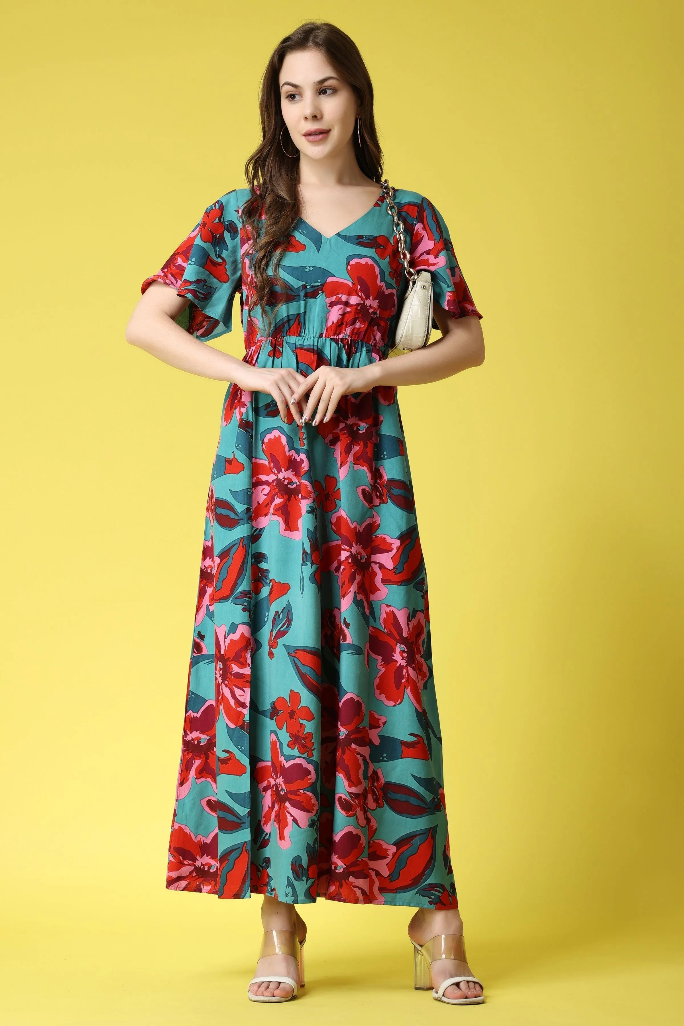 Turquoise Green Floral Printed Maxi Dress