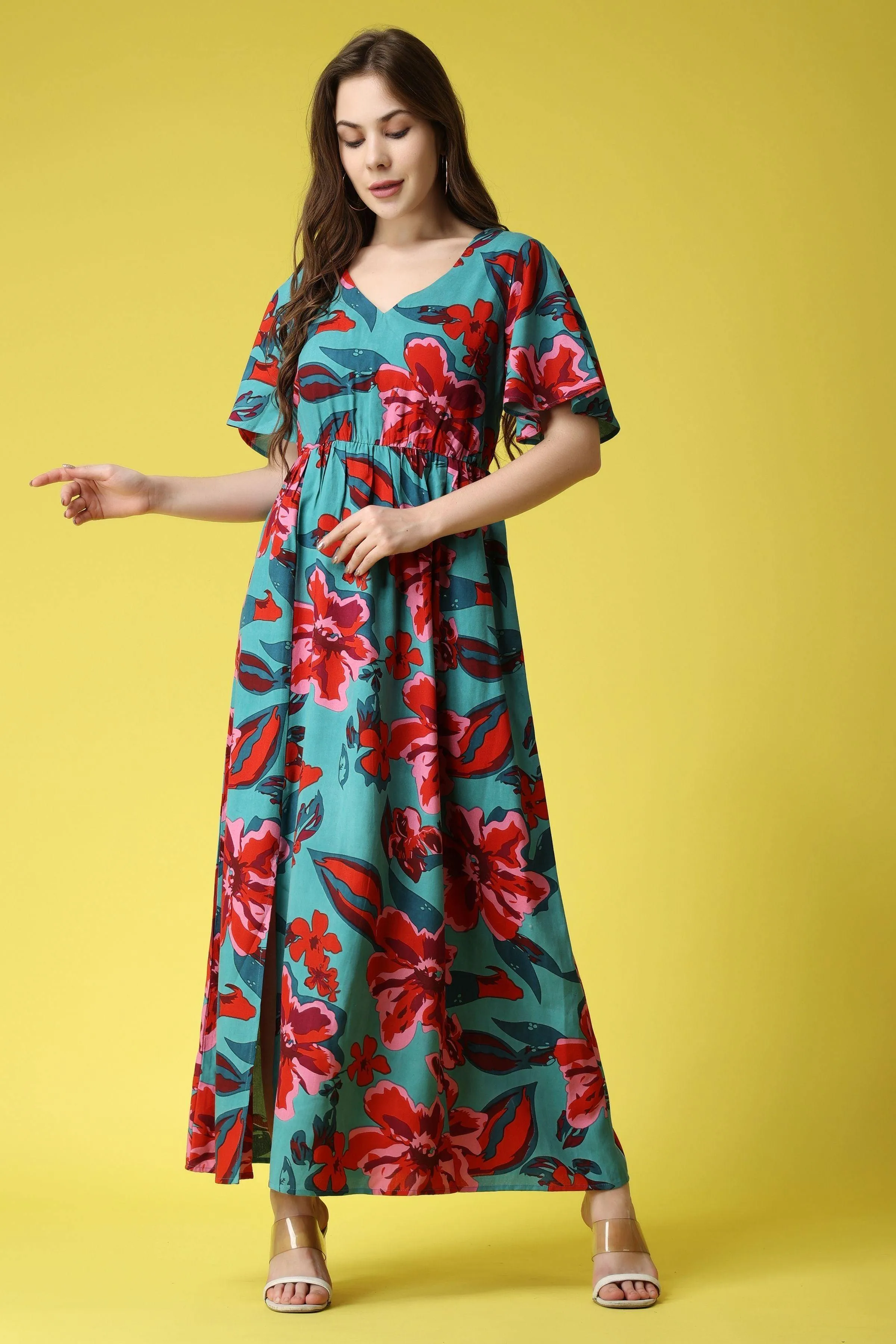 Turquoise Green Floral Printed Maxi Dress