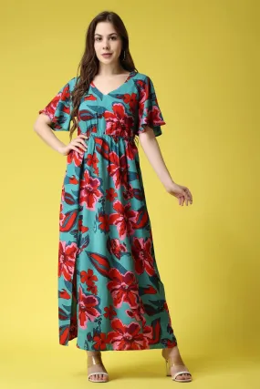 Turquoise Green Floral Printed Maxi Dress