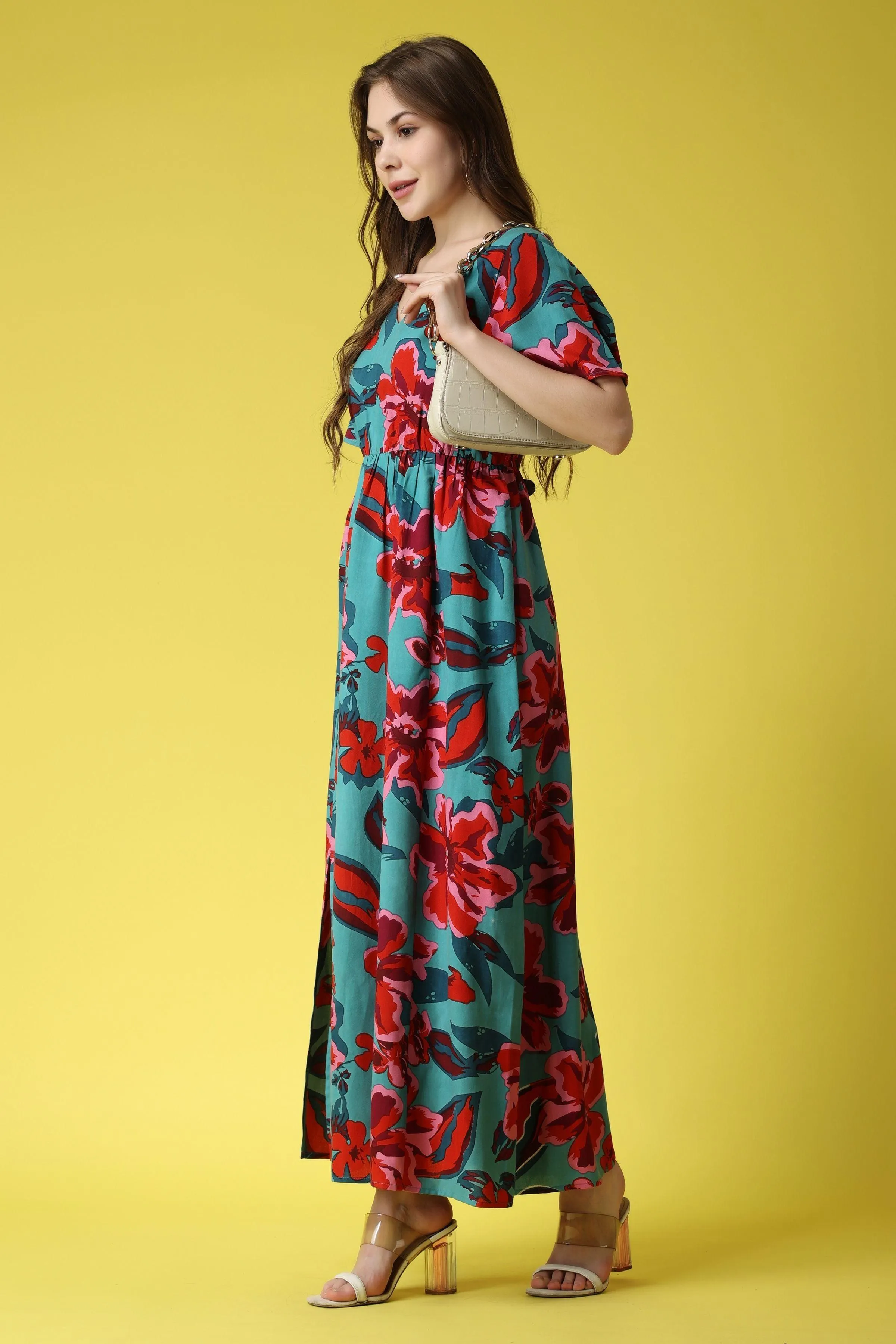 Turquoise Green Floral Printed Maxi Dress