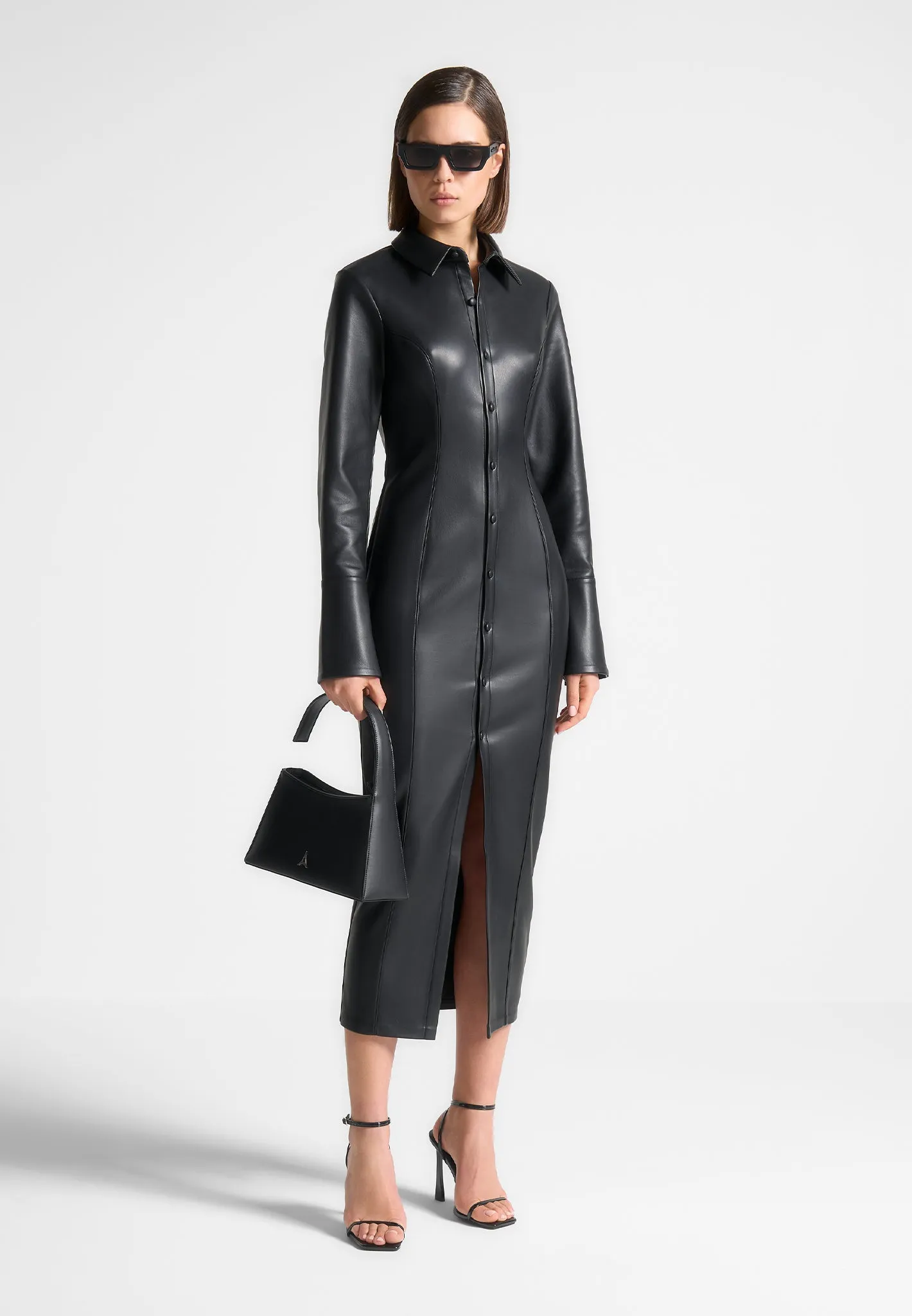 Vegan Leather Midaxi Shirt Dress - Black