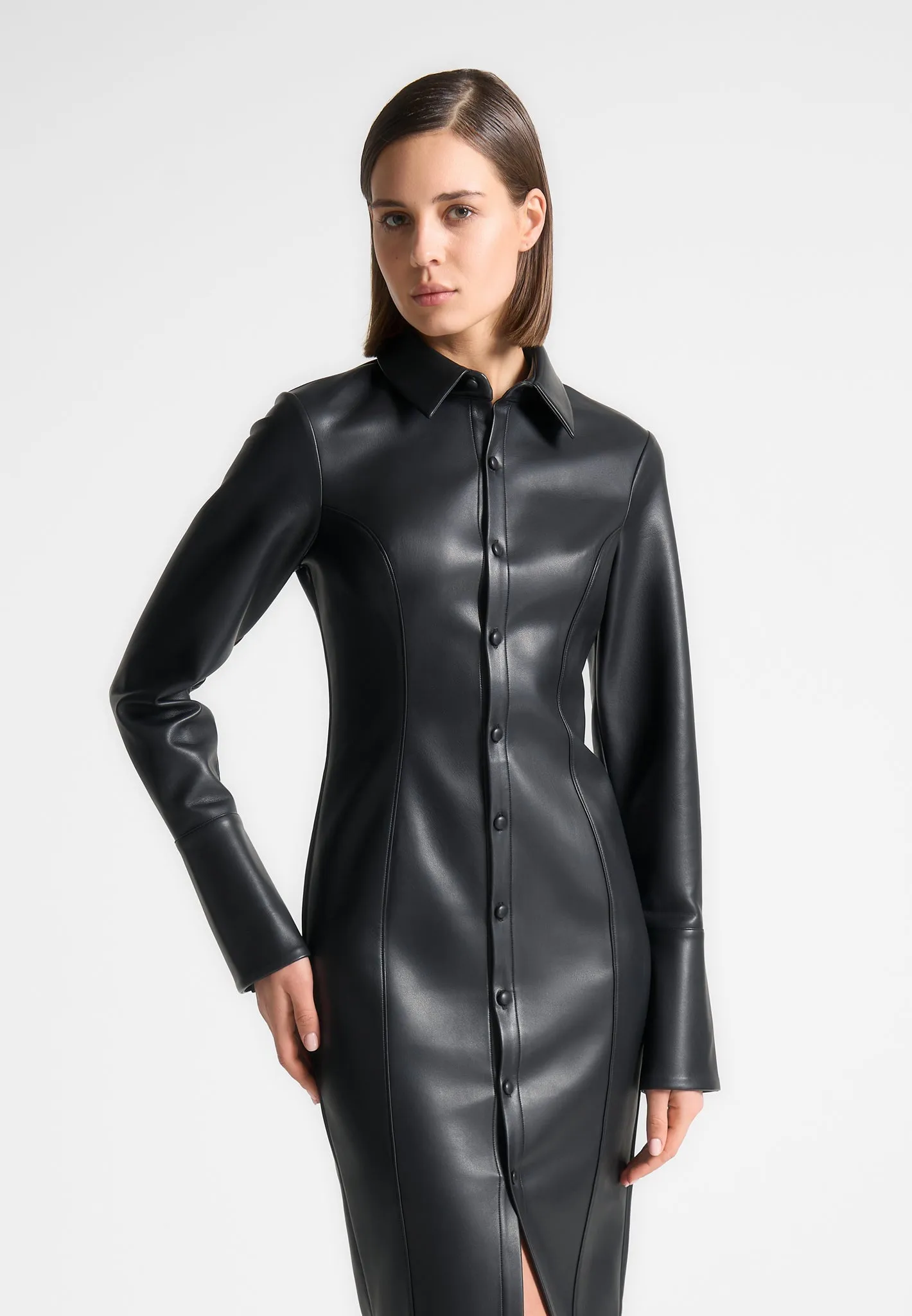 Vegan Leather Midaxi Shirt Dress - Black