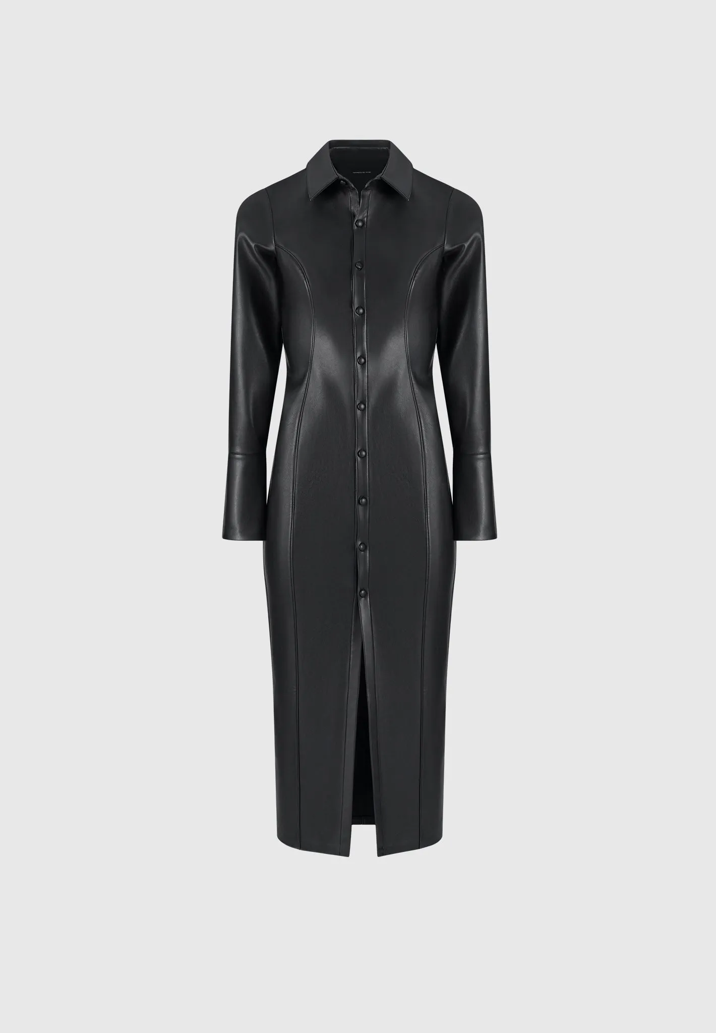 Vegan Leather Midaxi Shirt Dress - Black