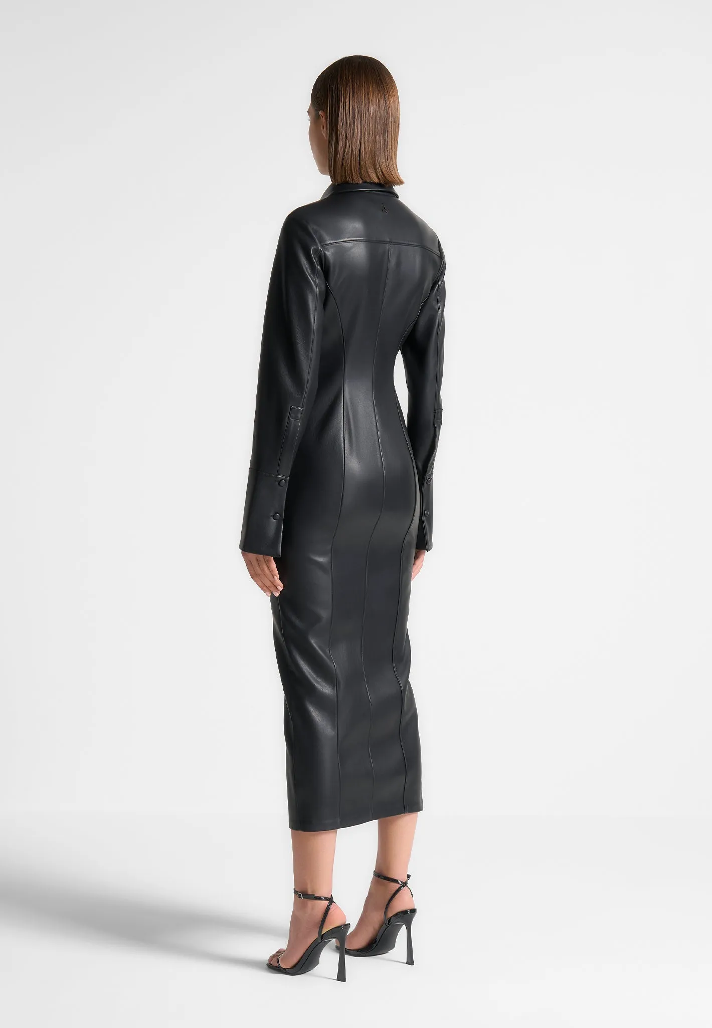 Vegan Leather Midaxi Shirt Dress - Black