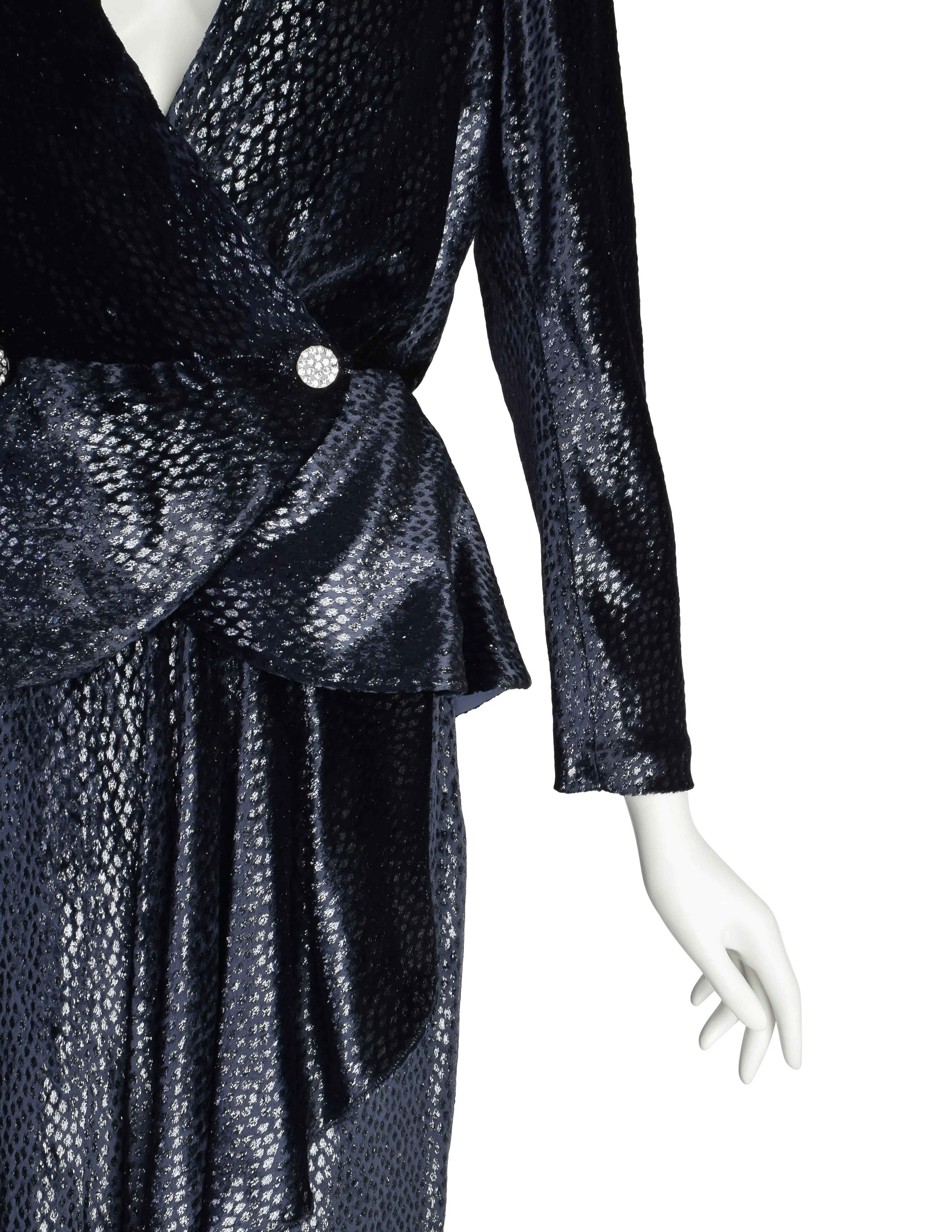 Vicky Tiel Vintage 1980s Midnight Blue Metallic Silk Velvet Wrap Blouse and Skirt Ensemble Set