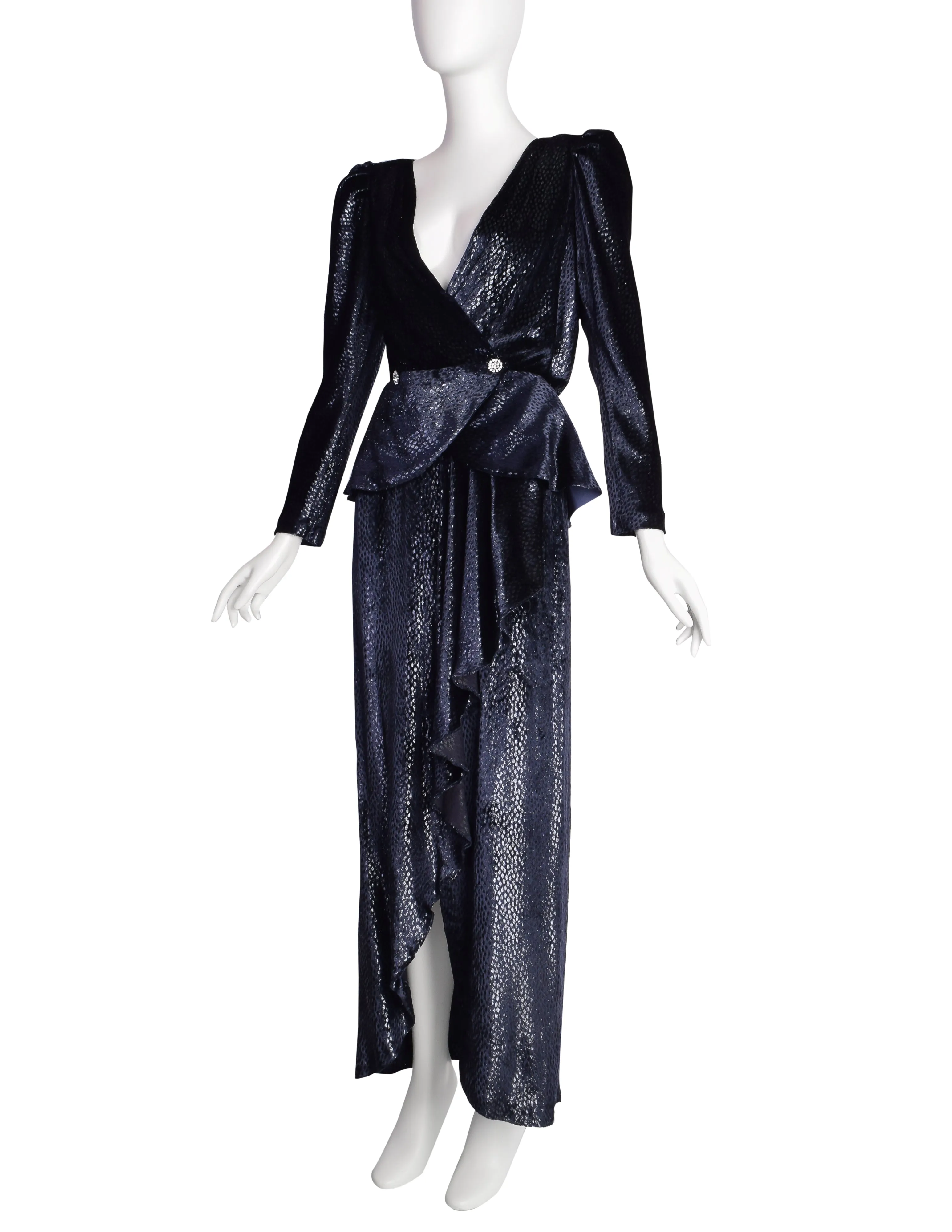 Vicky Tiel Vintage 1980s Midnight Blue Metallic Silk Velvet Wrap Blouse and Skirt Ensemble Set