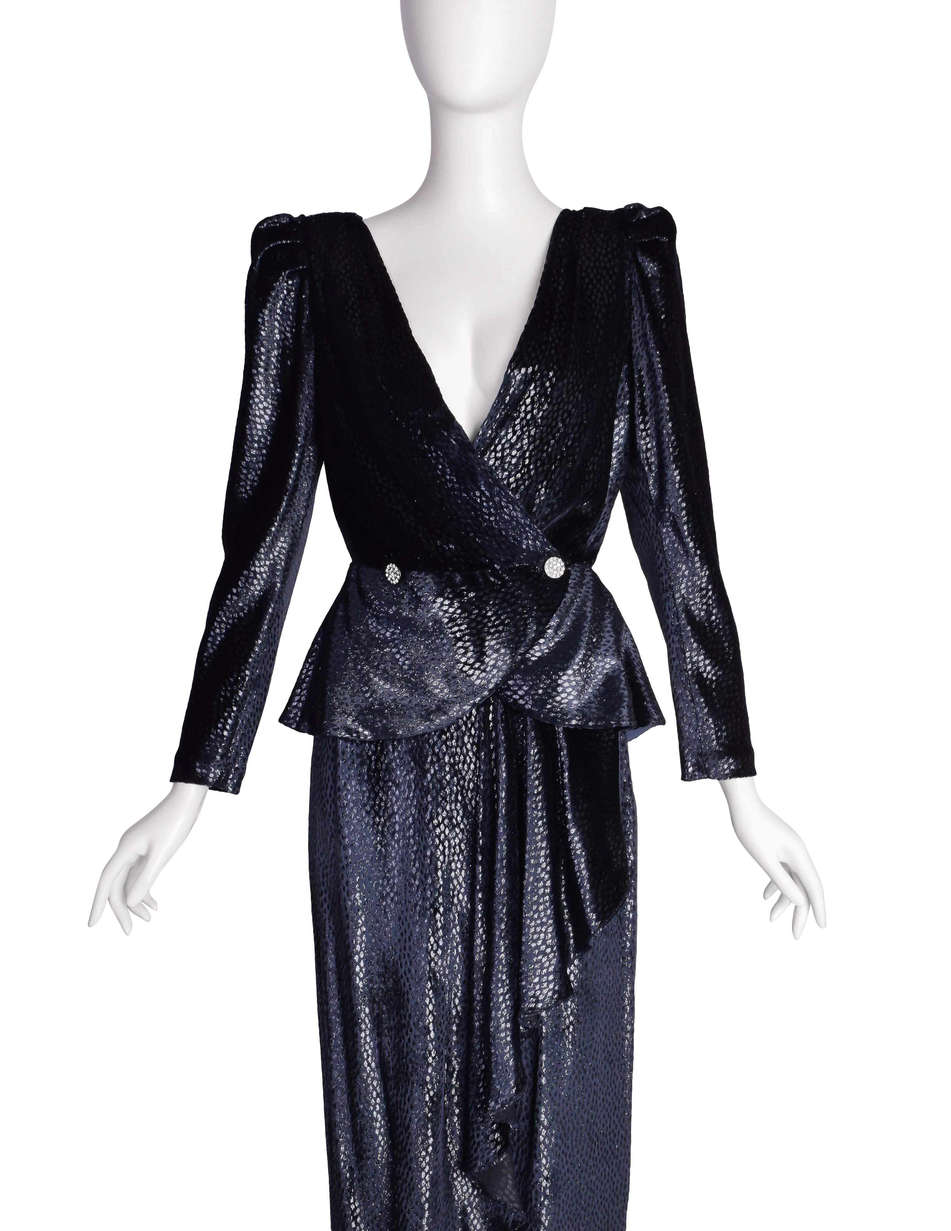 Vicky Tiel Vintage 1980s Midnight Blue Metallic Silk Velvet Wrap Blouse and Skirt Ensemble Set