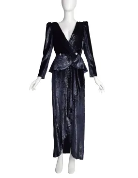 Vicky Tiel Vintage 1980s Midnight Blue Metallic Silk Velvet Wrap Blouse and Skirt Ensemble Set