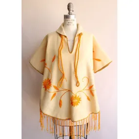 Vintage 1960s Yellow Felted Wool Embroidered Poncho