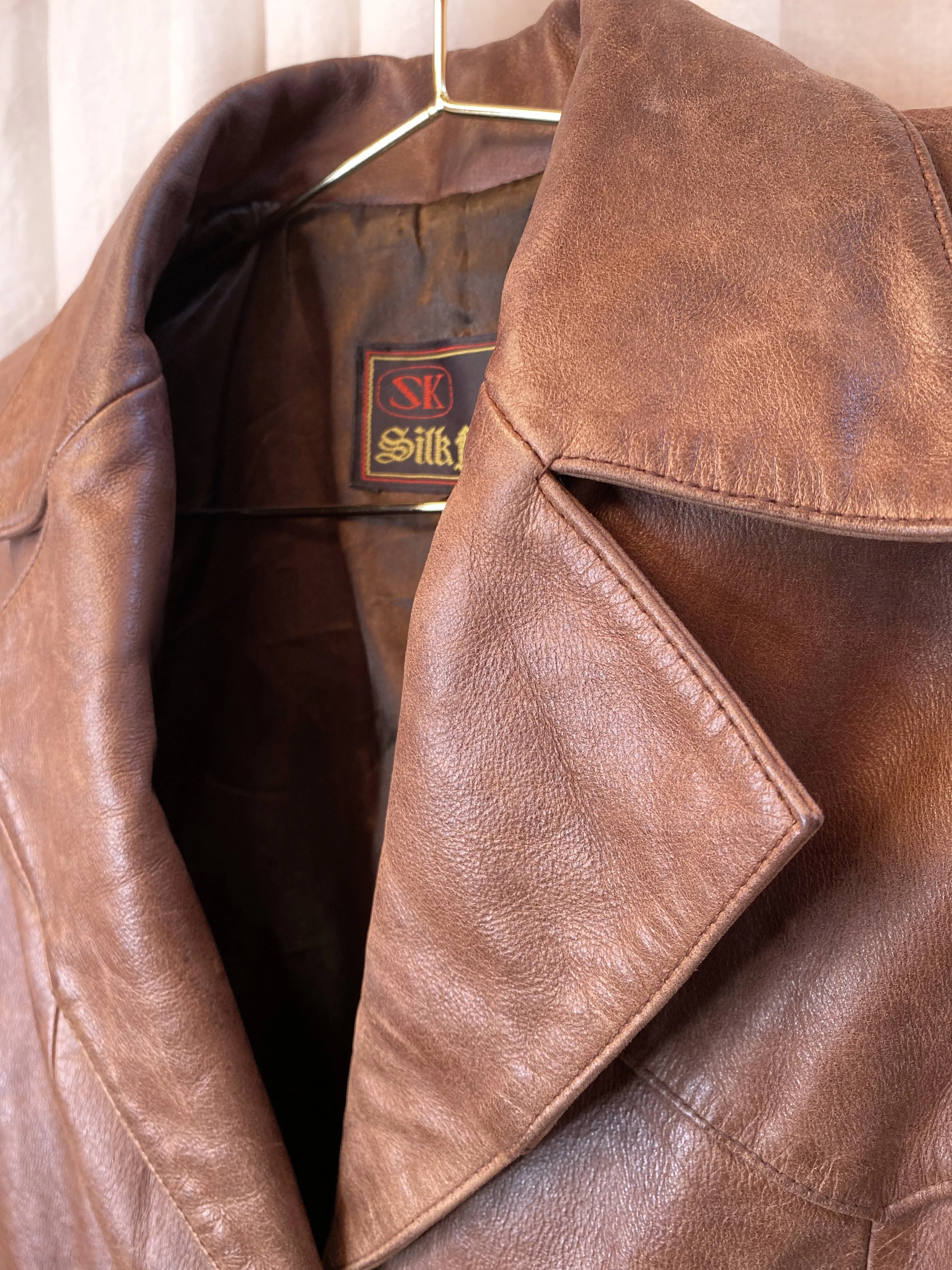 VINTAGE LEATHER SHIRT DRESS [ Brown Tan, Button Up, Size Small ]