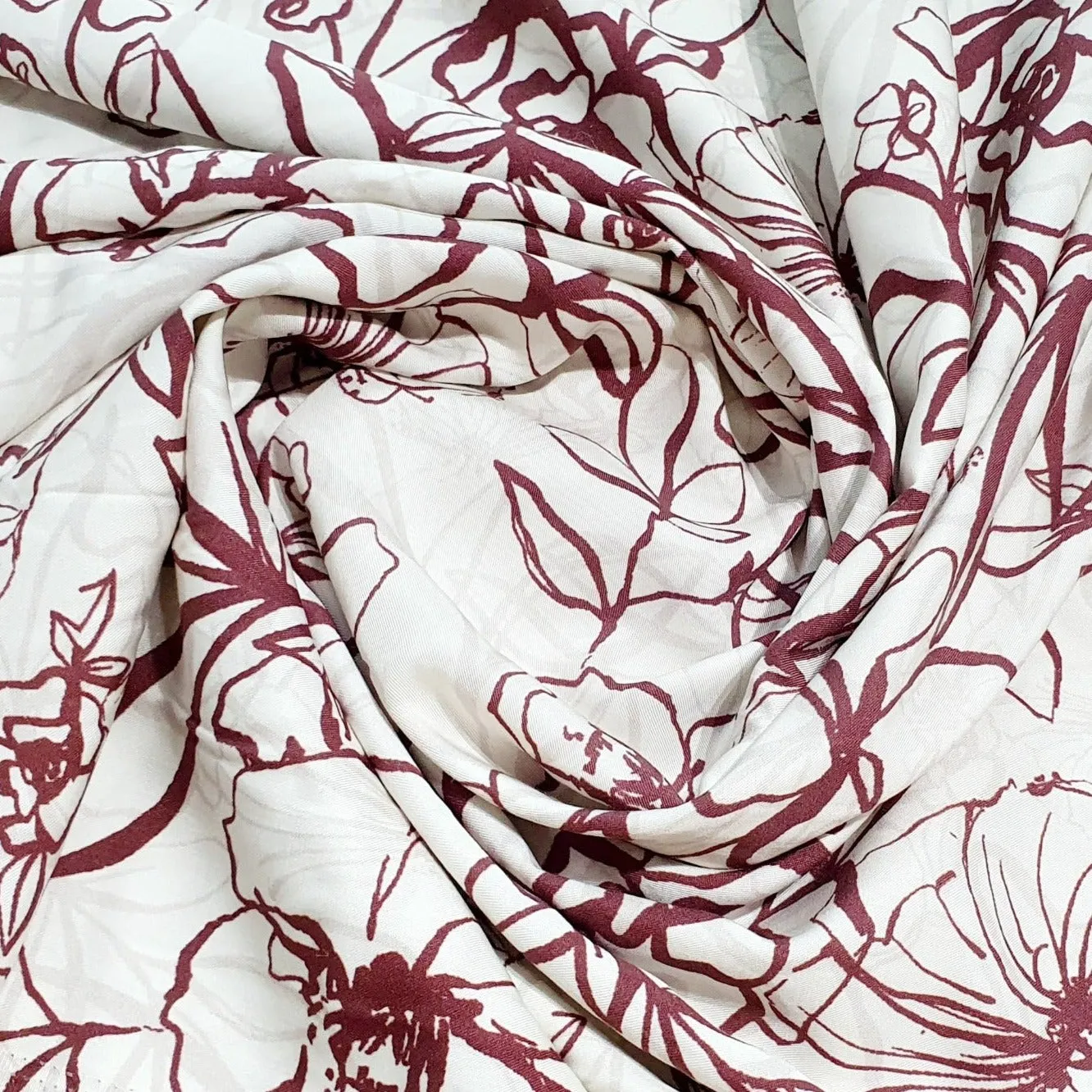 White & Brown Floral Print Viscose Fabric