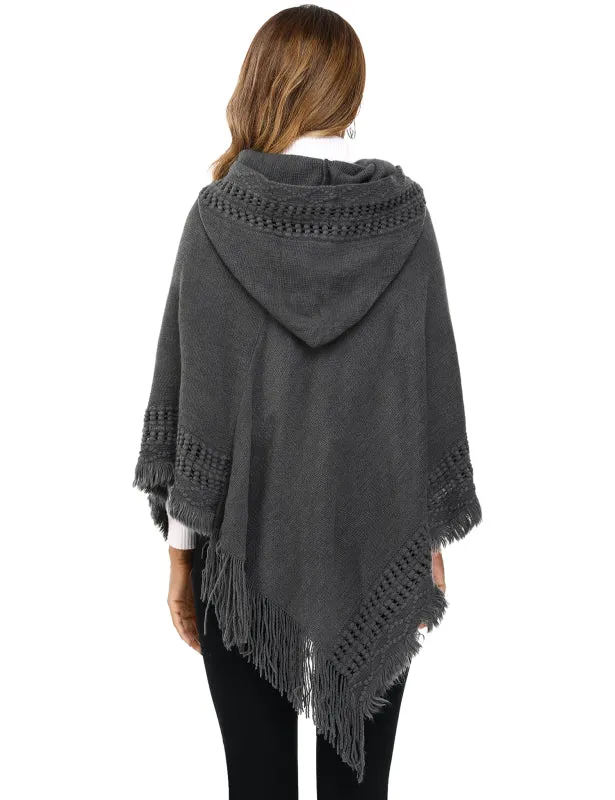 Women's Ethnic Fringe Hooded Knit Cape Shawl