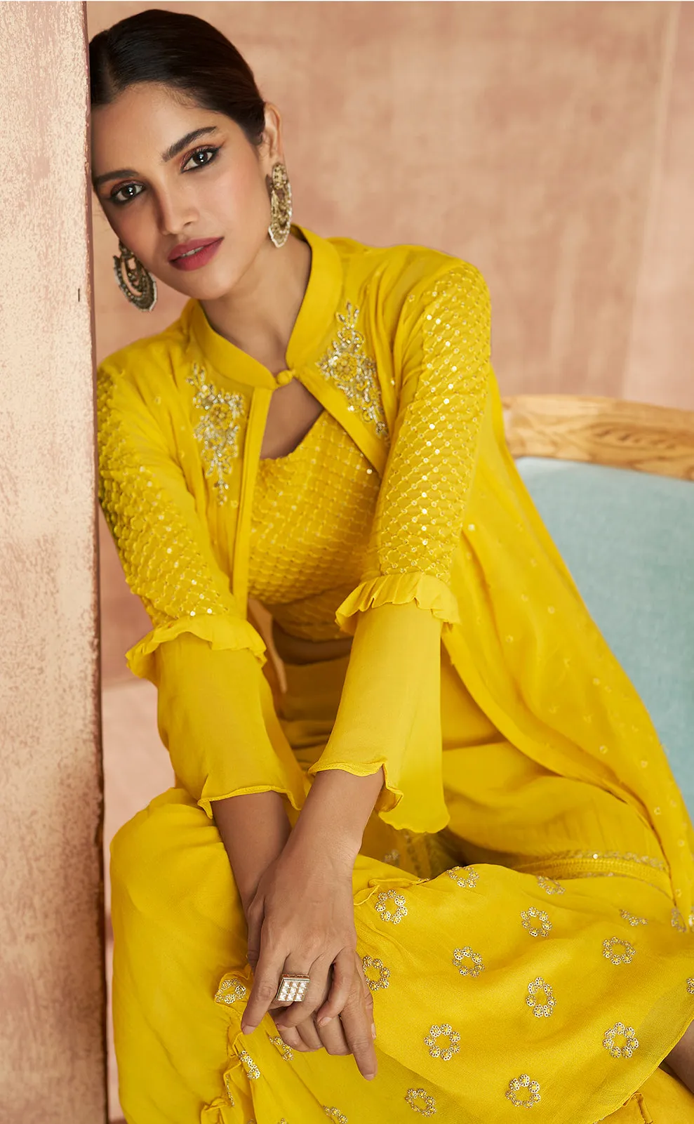 Yellow Crop Top 3 Piece Georgette Indo-Western Palazzo Suit